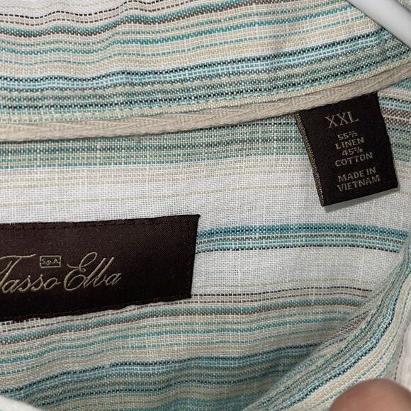 Tasso Elba Mens Striped Short Sleeve Linen Blend Button Up Shirt Teal White XXL - Picture 2 of 2